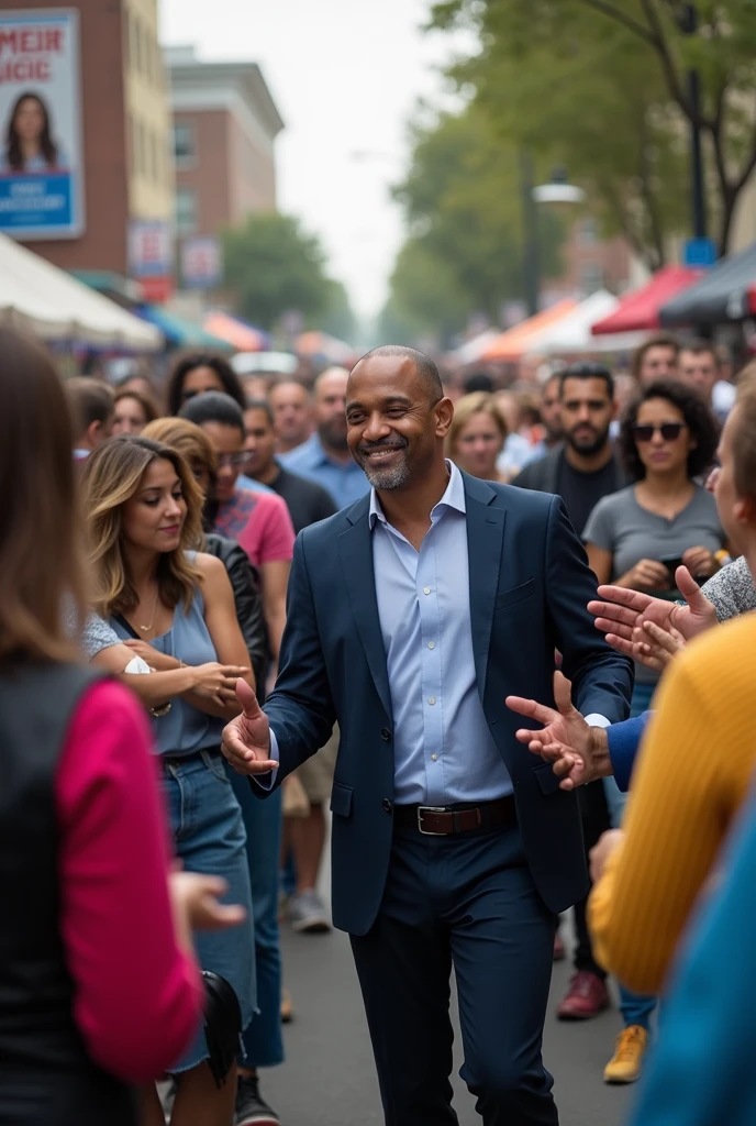 A mayoral candidate walks down a busy street hugging women and children, ELDERLY.