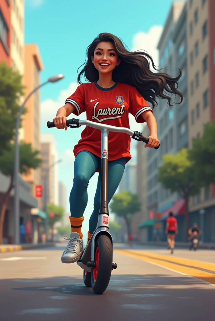 latina beau sourire sur une trotinette fresdtyle avec un maillot floqué « laurent »