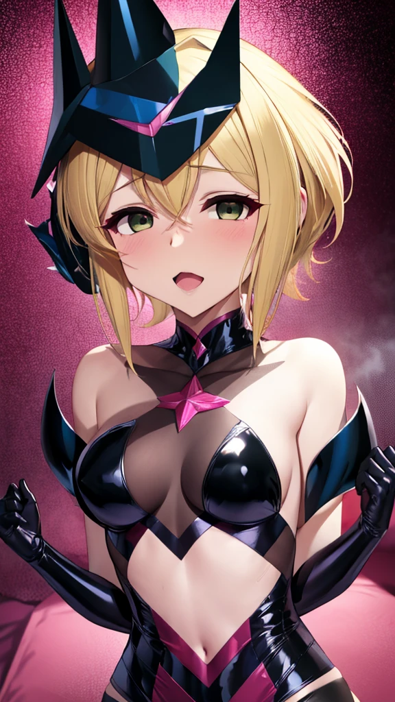 erotic、Symphogear　Cut songs、Small breasts 、Blonde Pixie Cut、mature, Married women, Black shiny latex rubber suit、Off the shoulder、邪evilな女戦隊ヒーロー, Pink and black background, Pitch-dark bedroom, Dark Theme, evil, lure, excited, 邪evilな笑み, Lightly open your mouth