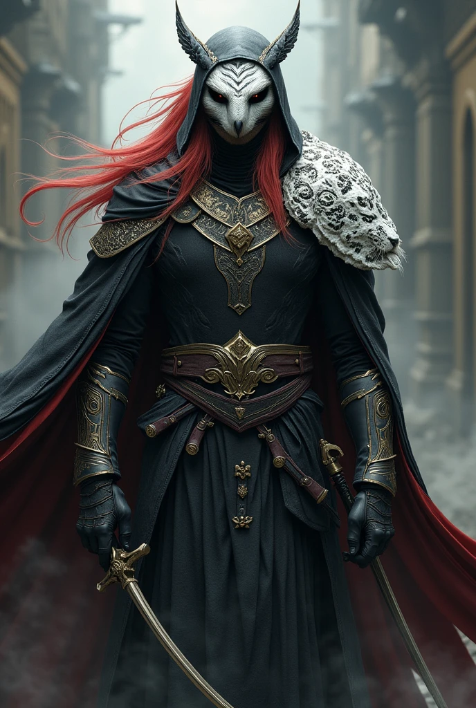 A tall, red-haired man with brown eyes wearing black armor with a cape and hood on the cape has the design of a white tiger he wears a white owl mask he has two curved swords at his waist