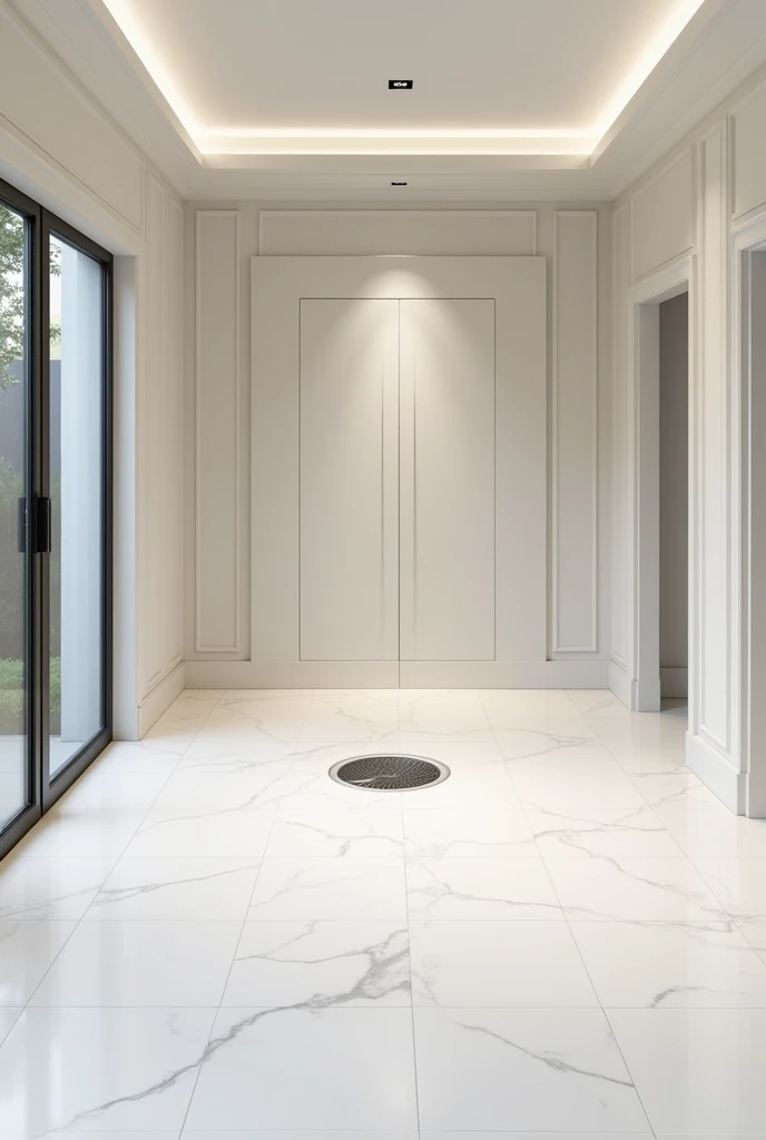 a room with white tiles and acoustic insulation, in a mansion in Mexico equipped with a drain in the middle of the room to make cleaning easier.