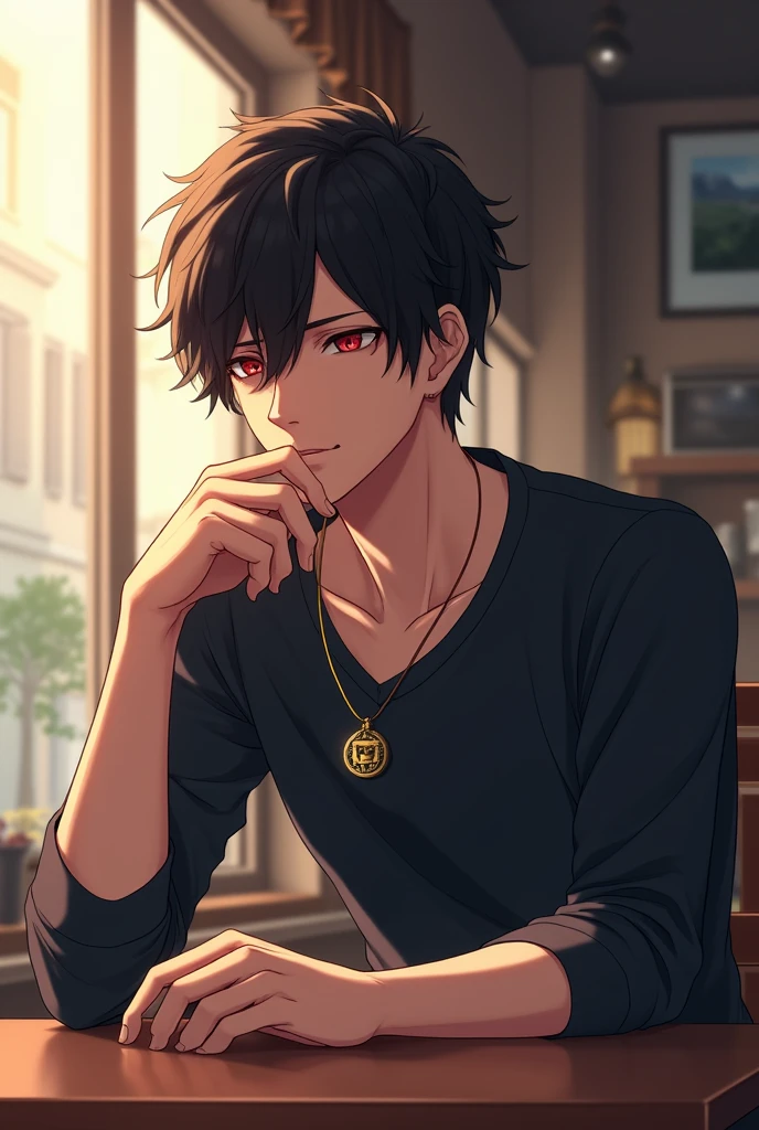 A young man in his twenties with black-brown hair, sharp red eyes and a slight smile as he sits at a table, drinking coffee while looking out the window while holding a necklace around his neck Anime,