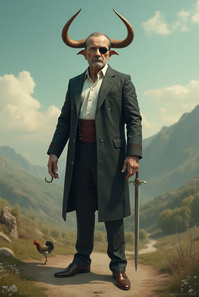 Performed on a man of approximately 40 years old, with an elegant suit, On the top of his head two horns, On his left eye he has a pirate patch and on his right eye he has a scar from a cut. (like the one in scarface), his long arms, Instead of having human hands, on the left side he has a pirate hook and on the right side instead of having a hand he has a sword., small legs and on his left foot he has a chicken foot.
It is in a quiet and relaxing landscape