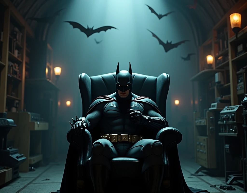 Batman sitting in a chair thinking. He's in the batcave with bats around