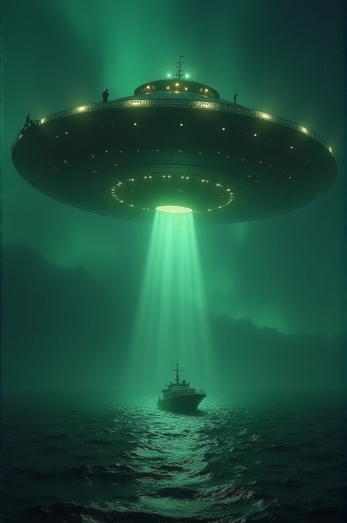 ((best quality)), ((masterpiece)), (detailed), someone saw a UFO in the middle of the sea, with his boat (big size) damaged. he saw an alien operating something (night green)