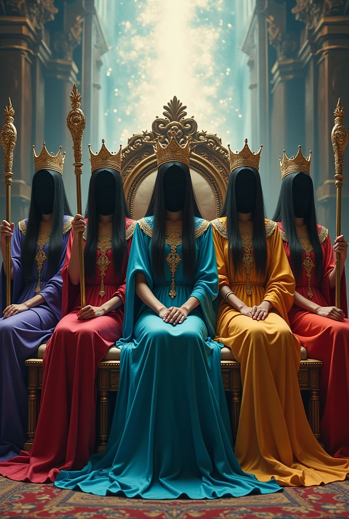 5 women dressed as witches, with a long tunic of different colors, with a setro in their hand, with their crown on their head, perched on a beautiful throne, behind her there is an open portal to another dimension.