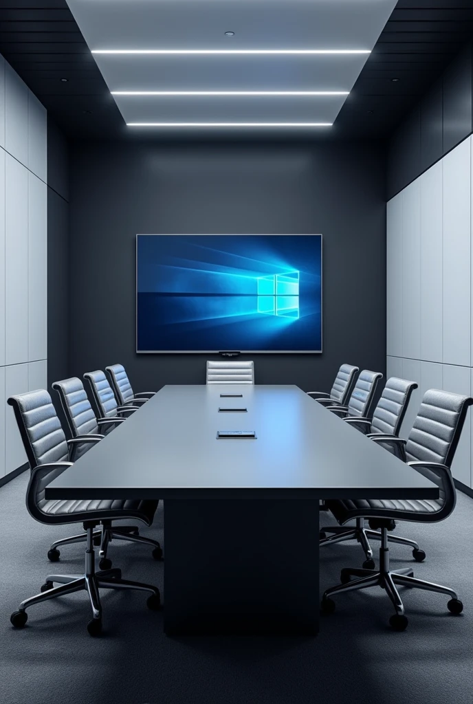 Office with 10-seat conference table in grey with white cabinets and blue lighting below, Grey and black walls and two televisions in front of the table 