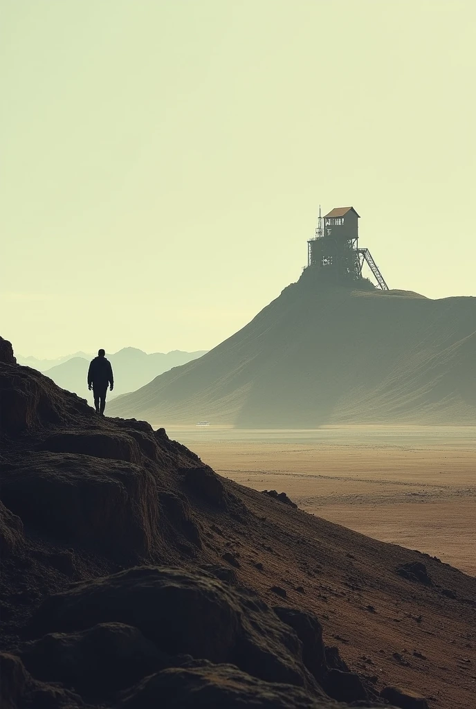 Man walking down mud slope, far away, in the center, left side has mine build in a hill, in the plains, eastern island
