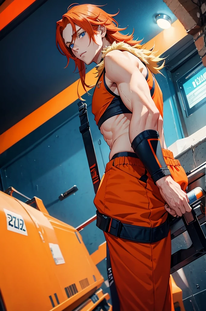 male, orange red hair, blonde half long hair, blue eyes