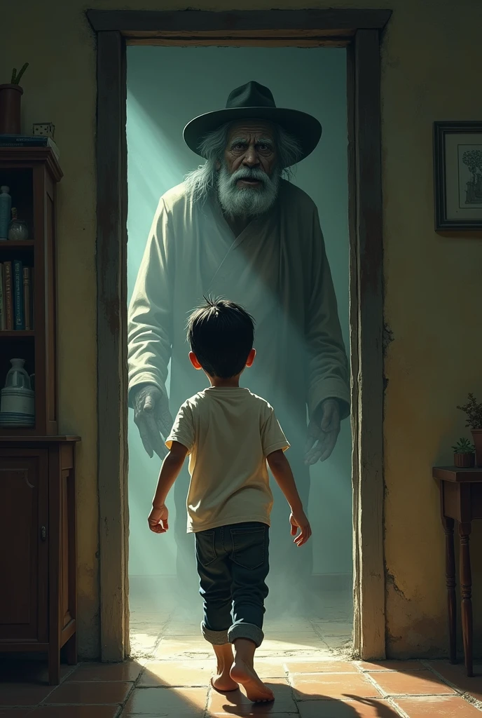 A five-year-old Venezuelan boy runs away from his humble and simple room, scared and terrified when he sees the spirit of an old, skinny peasant with a mustache, a long-sleeved white shirt, black pants and a black hat.