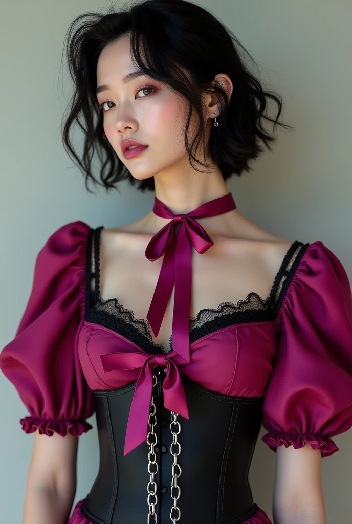 Create BTS Jungkook with a carmine blouse with puffed sleeves that she wears combined with a black corset that highlights the curves of her waist, lace covering the upper part of her chest with a magenta ribbon around her neck and a bow below her throat. Let the corset have a chain tied to the waist.