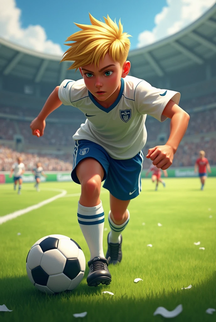  blond soccer player playing on a field 