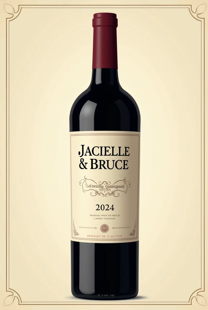 Create a classic and elegant label for Jacielle wine & Bruce 2024 in vector format, suitable for printing. Use traditional and sophisticated typography for the name "Jacielle & Bruce" my name is "2024". The design must reflect the quality and sophistication of Cabernet Sauvignon wine. Use a sober and timeless color palette, like shades of gold, burgundy and cream, to complement the color of the wine.Additional Elements: Include a delicate border or frame and a placeholder for additional winery information or tasting notes., if desired. Make sure your design is created in vector format to ensure quality and accuracy when printed..minimalism, illustration, high resolution, precise, HD Model, high qualiy, super detaill, ultra HD, 