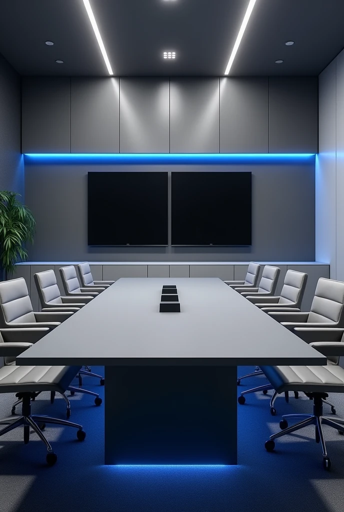 Office with 10-seat conference table in grey with white cabinets and blue lighting below, Grey and black walls and two televisions in front of the table