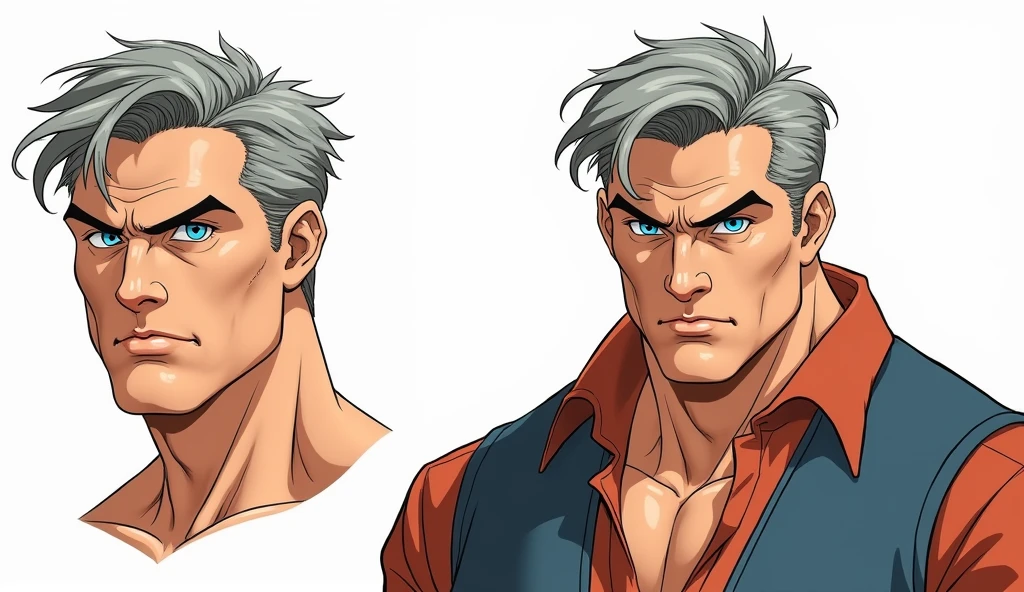 Character of a tired adult man named John Smith. He has fair skin with a few freckles, short gray hair slicked back with hints of brown, and intense blue eyes with a watchful expression. His build is stocky and muscular. The style should mix 1980s comic book art with 1980s anime, Different angles, character sheet, white background --3:2 aspect ratio, different poses