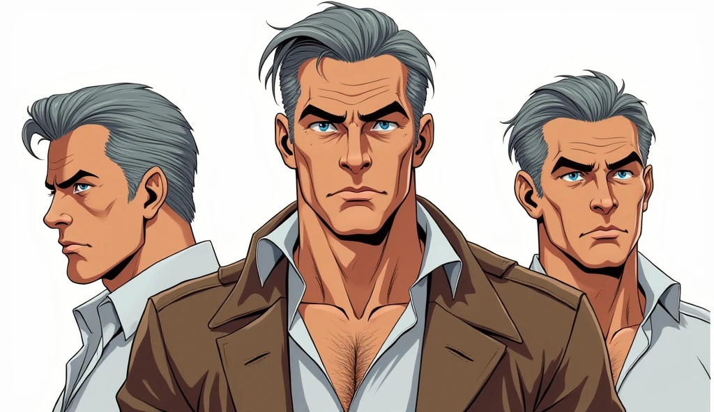 Character of an adult male named John Smith. He has fair skin with a few freckles, short gray hair slicked back with hints of brown, and intense blue eyes with a watchful expression. His build is stocky and muscular. The style should mix 1980s comic book art with 1980s anime, Different angles, character sheet, white background --3:2 aspect ratio, character poses, character expression