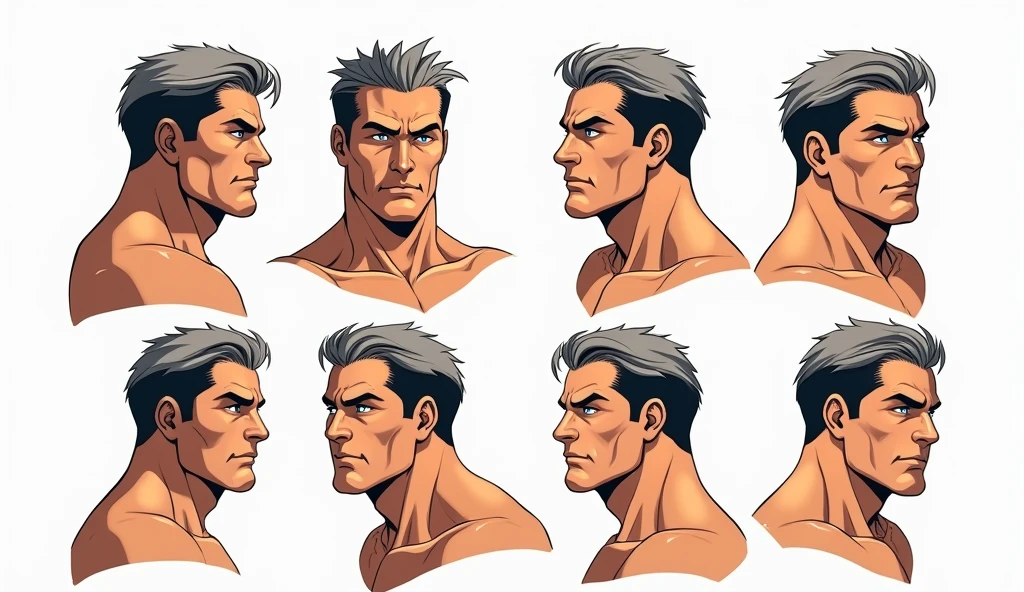 Character of an adult male named John Smith. He has fair skin with a few freckles, short gray hair slicked back with hints of brown, and intense blue eyes with a watchful expression. His build is stocky and muscular. The style should mix 1980s comic book art with 1980s anime, Different angles, character sheet, white background --3:2 aspect ratio, character poses