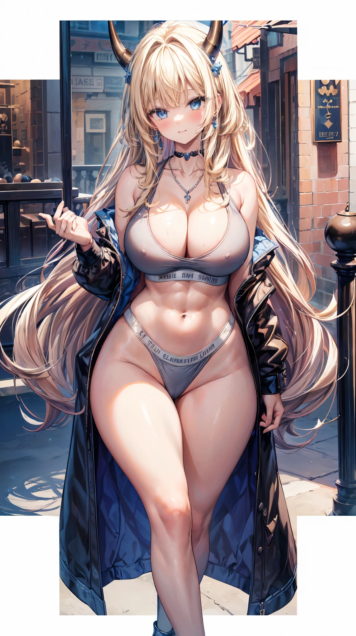 Very detailed、Highest quality、Best image quality、masterpiece、8k、Sparkling Blue Eyes、Anime Face、A kind smile、Open your mouth、Big Breasts、Long blonde curly hair、(SFW Giant)、Cowboy Shot、(High leg panties:1.5)、(Muscles of the whole body)、Horn、necklace