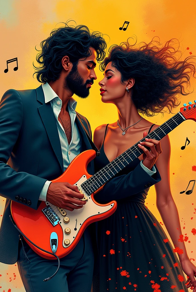 Generate a music image, a book cover about a guitarist and a singer, a musical duo that shows us the characters, not a person