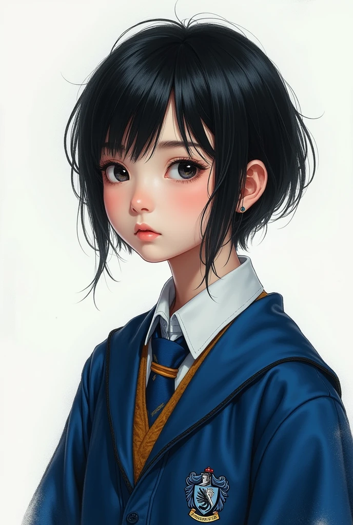 Real Japanese girl white test, Black hair with a wolfcut dressed in the Hogwarts Ravenclaw uniform.
