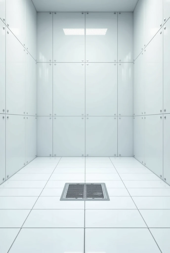 a room with white tiles and acoustic insulation, equipped with a drain in the middle of the room to facilitate cleaning.
