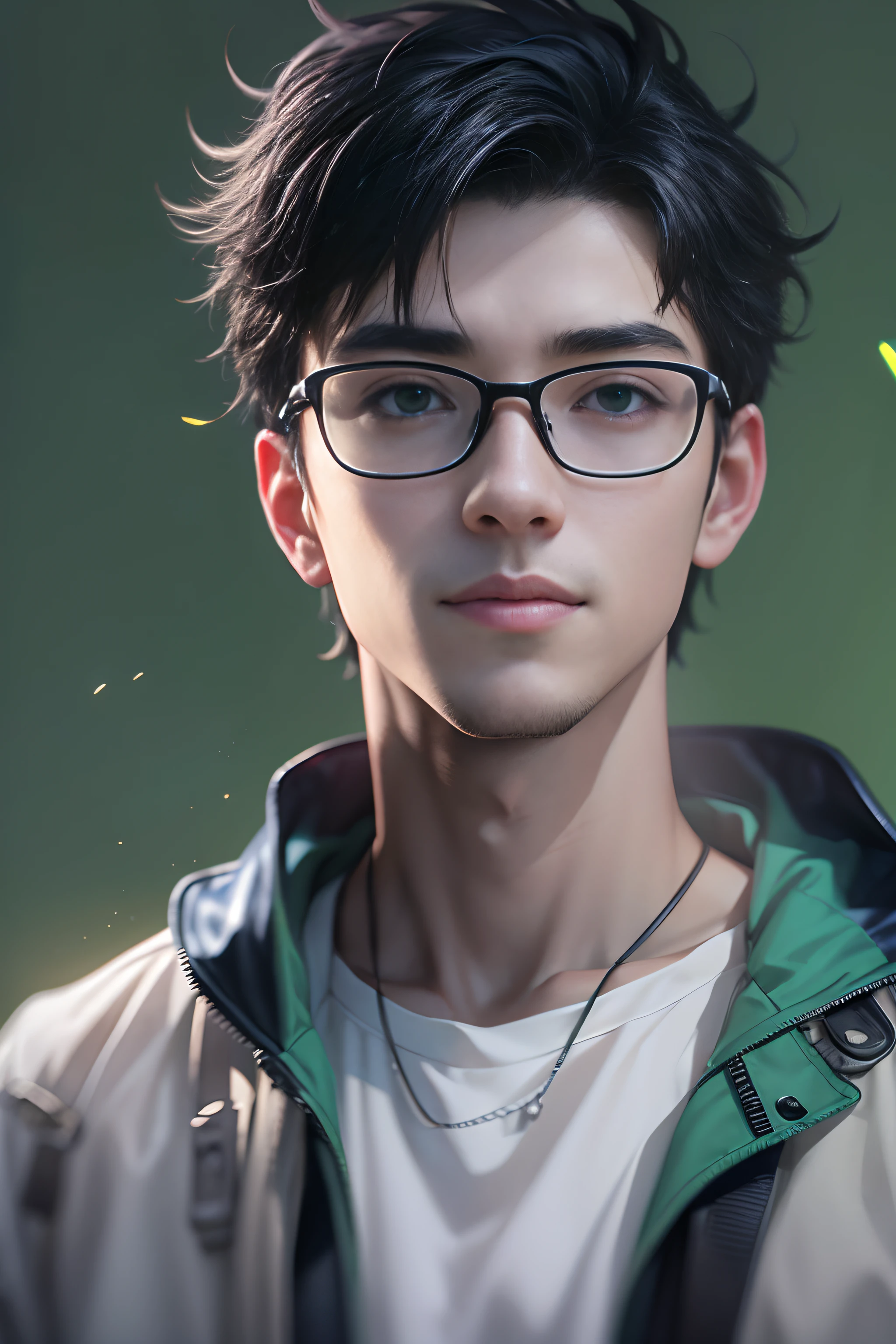 an cool university student, (male), (short black hairs), wear on light smile, wears narrow mental frame glasses, (small glasses), wear gray coat, white plain T-shirt, black jeans ,((green background)),(anime style), (cinematic lighting), (ray tracing), ((reflection light)), ((half-body-shot)), atmospheric perspective, masterpiece, accurate, ((best quality)), high quality, super detail, high details, anatomically correct, highRes, 1080p,