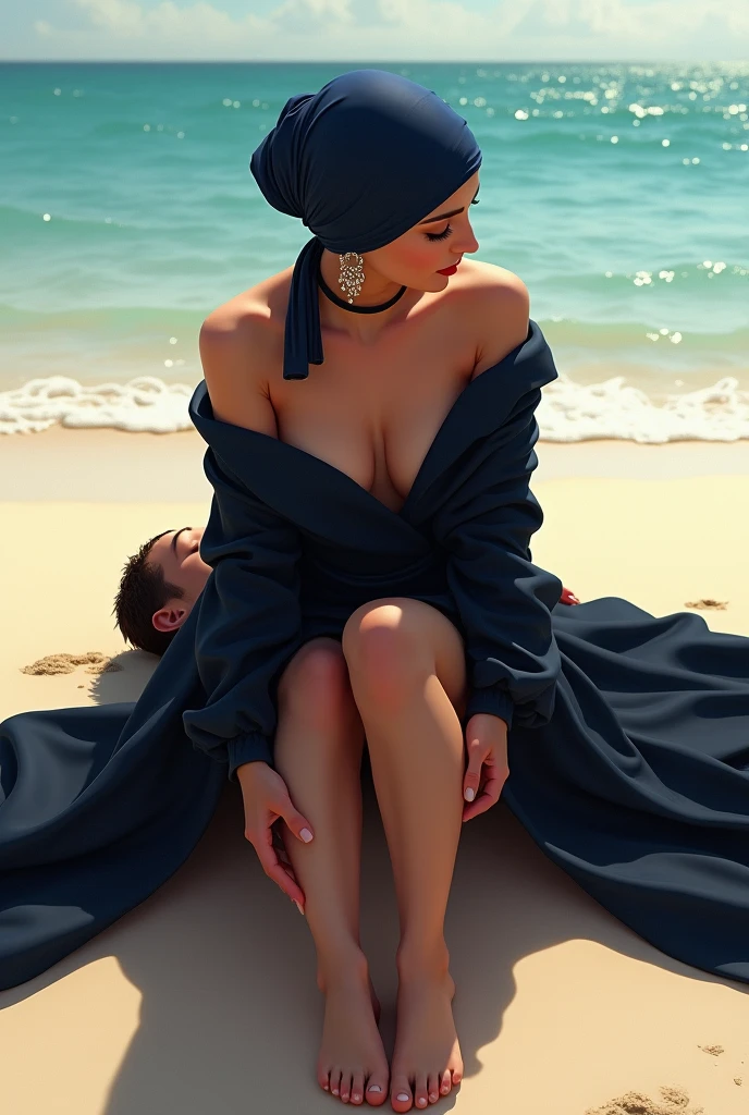 Navy blue headscarf on the beach, black long closed coat, barefoot, Sexy skinny woman. Man lying in front of woman. Woman sits on man&#39;s lap. 