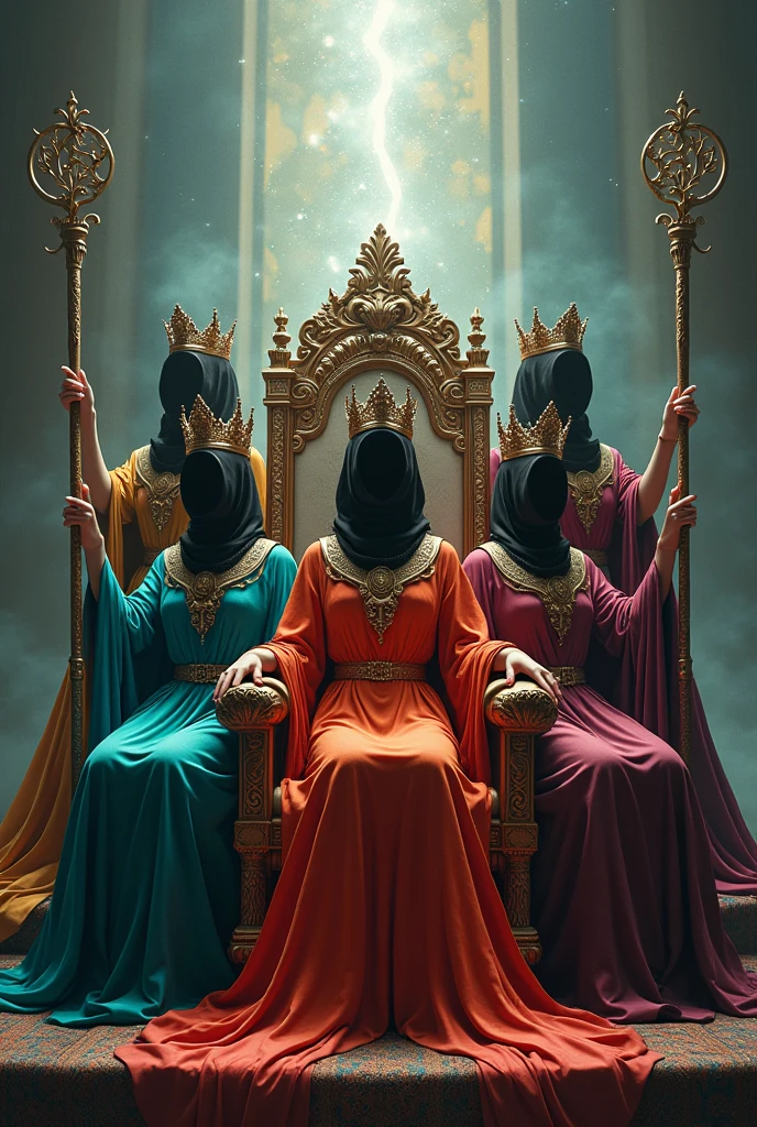 5 women dressed as witches, with a long tunic of different colors, with a setro in their hand, with their crown on their head, perched on a beautiful throne, behind her there is an open portal to another dimension.