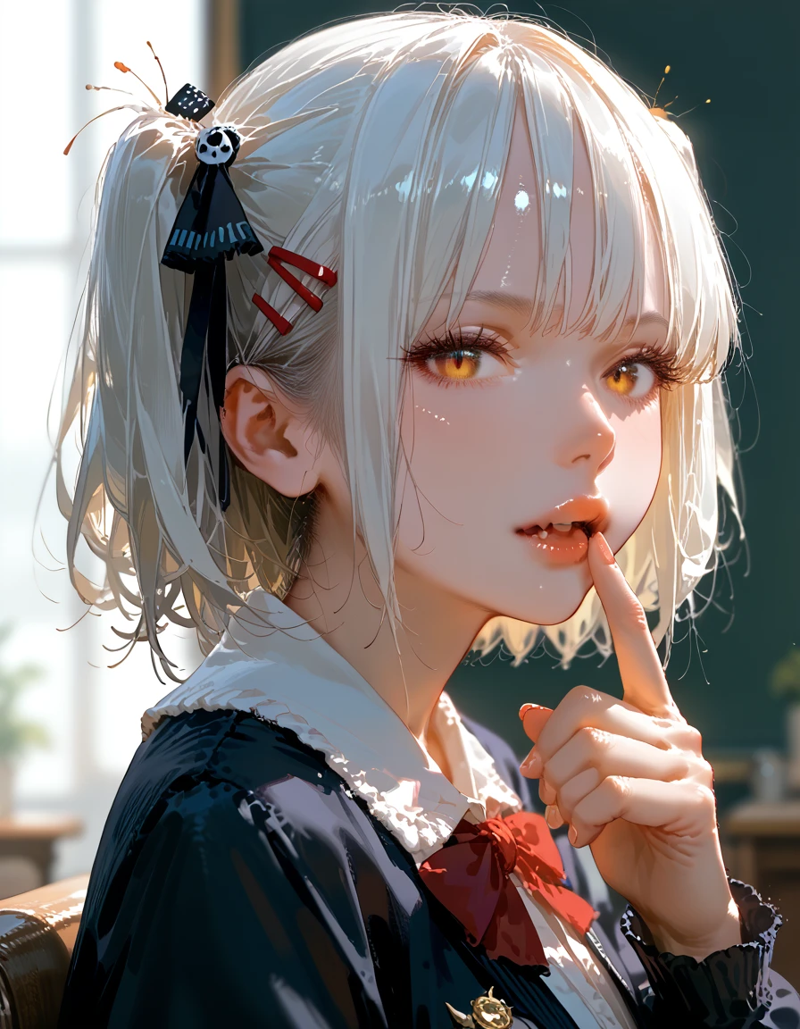 score_9, score_8_up,score_7_up,masterpiece, best quality, perfect anatomy, very aesthetic, official art, 8k,source_anime,2D, megami magazine, rating_safe ,1girl,shiny skin ,gleaming skin,seductive face,eyelashes,lips gloss, vampire_girl, fangs,huge_breasts,short bob hair,twintails, white hair ,hairclip,gothic lolita,school uniform,jacket ,finger to mouth,from side,school