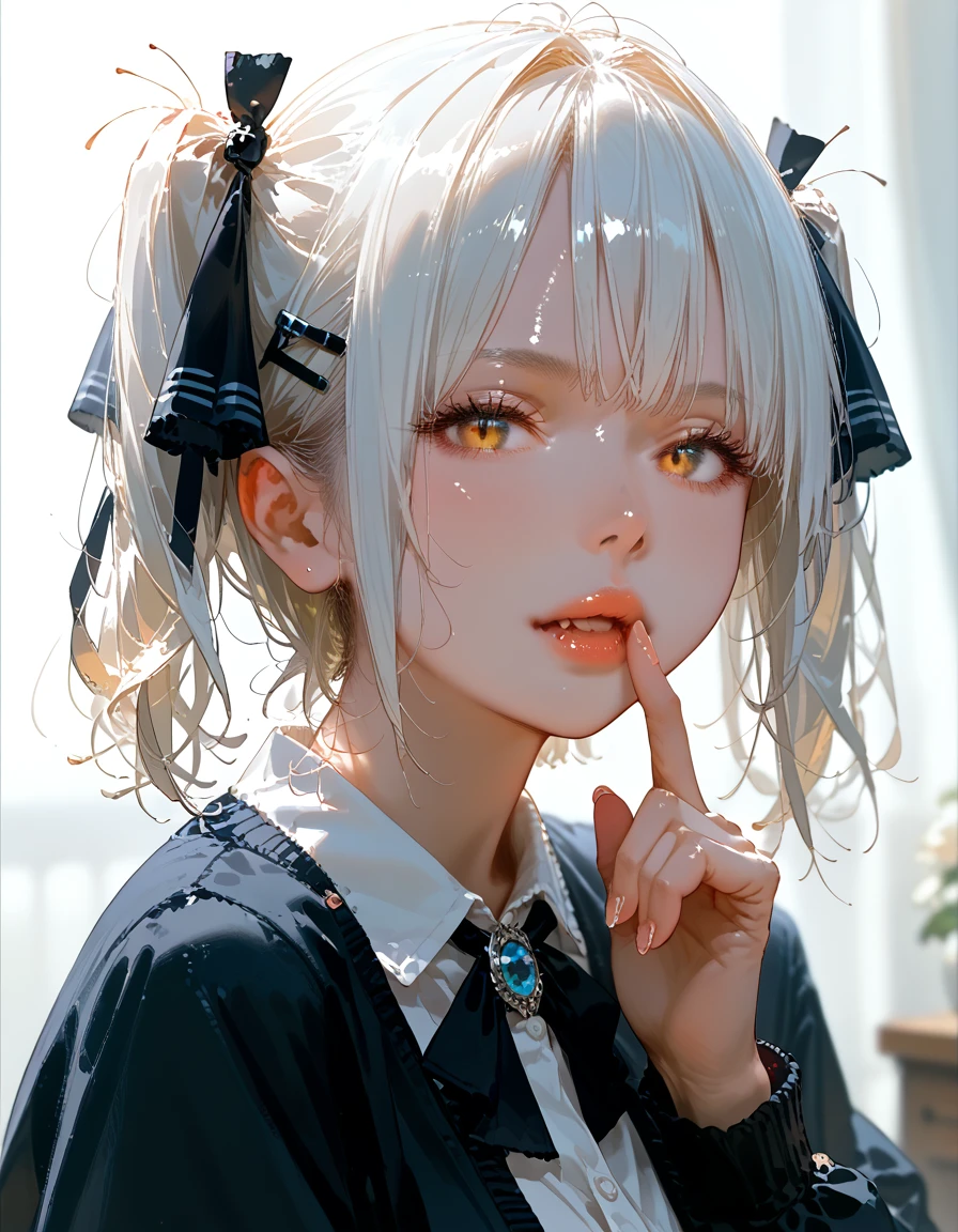 score_9, score_8_up,score_7_up,masterpiece, best quality, perfect anatomy, very aesthetic, official art, 8k,source_anime,2D, megami magazine, rating_safe ,1girl,shiny skin ,gleaming skin,seductive face,eyelashes,lips gloss, vampire_girl, fangs,huge_breasts,short bob hair,twintails, white hair ,hairclip,gothic lolita,school uniform,jacket ,finger to mouth,from side,school