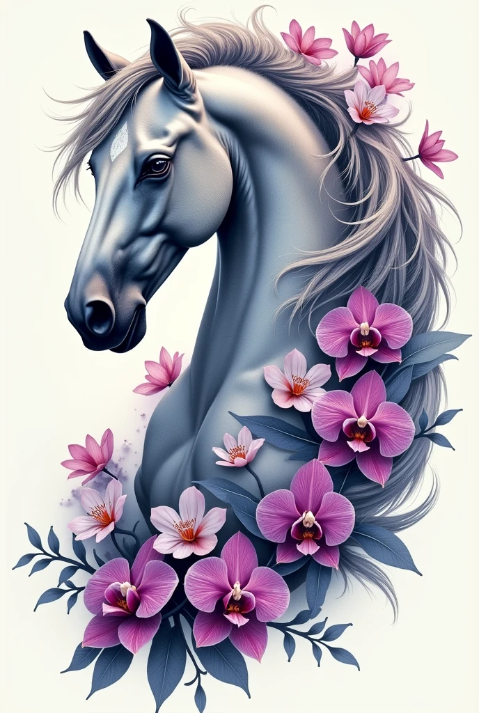 I want a unique and exclusive tattoo drawing, It is a horse with a grey or white coat that has fuchsia-blue orchid flowers around it and white gardenia flowers that merge with the Ferrari single-seater.
