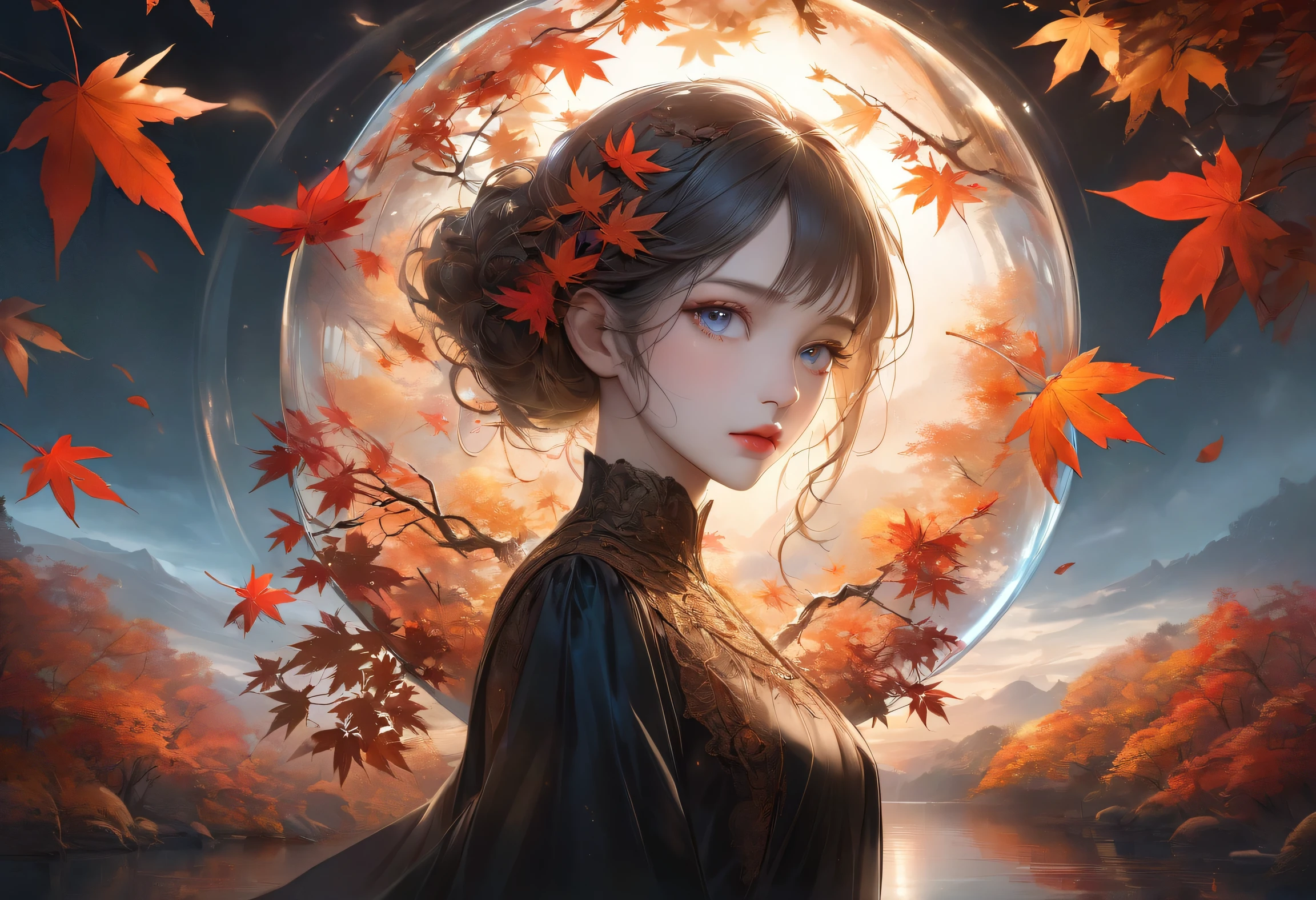 Maple tree landscape, dark canvas, Falling leaves, Transparent holographic reflection, A surreal landscape made of maple leaves, Leaves viewers speechless, A beautiful world, 1 woman, detailed eyes, detailed lips, very detailed face, long eyelashes, Beautiful and detailed portraits, elegant, tranquil expression, autumn, high quality, 8k, realistic, surrealist, studio lighting, Physically Based Rendering, vivid colors, movie lights, dramatic lighting, soft lighting, dramatic contrast, clear, ethereal, dreamlike, mysterious, magical, fancy, concept art