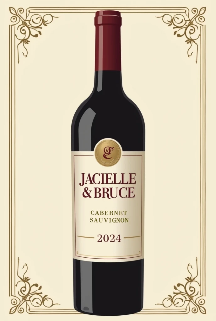Create a classic and elegant label for Jacielle wine & Bruce 2024 in vector format, suitable for printing. Use traditional and sophisticated typography for the name "Jacielle & Bruce" my name is "2024". The design must reflect the quality and sophistication of Cabernet Sauvignon wine. Use a sober and timeless color palette, like shades of gold, burgundy and cream, to complement the color of the wine.Additional Elements: Include a delicate border or frame and a placeholder for additional winery information or tasting notes., if desired. Make sure your design is created in vector format to ensure quality and accuracy when printed..minimalism, illustration, high resolution, precise, HD Model, high qualiy, super detaill, ultra HD,