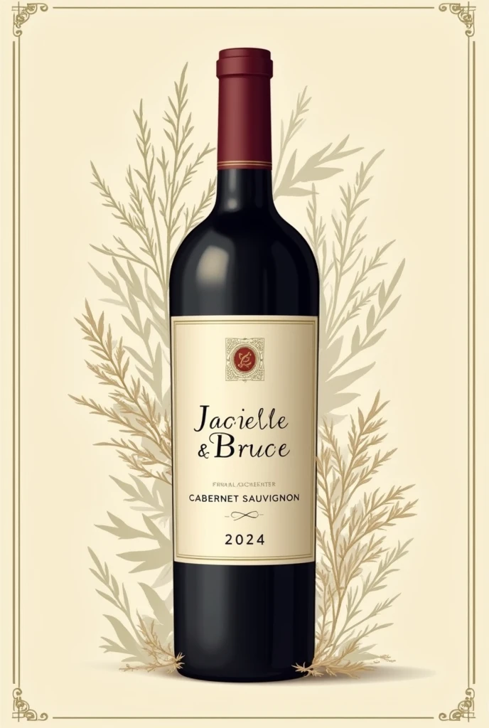 Create a classic and elegant label for Jacielle wine & Bruce 2024 in vector format, suitable for printing. Use traditional and sophisticated typography for the name "Jacielle & Bruce" my name is "2024". The design must reflect the quality and sophistication of Cabernet Sauvignon wine. Use a sober and timeless color palette, like shades of gold, burgundy and cream, to complement the color of the wine.Additional Elements: Include a delicate border or frame and a placeholder for additional winery information or tasting notes., if desired. Make sure your design is created in vector format to ensure quality and accuracy when printed..minimalism, illustration, high resolution, precise, HD Model, high qualiy, super detaill, ultra HD,