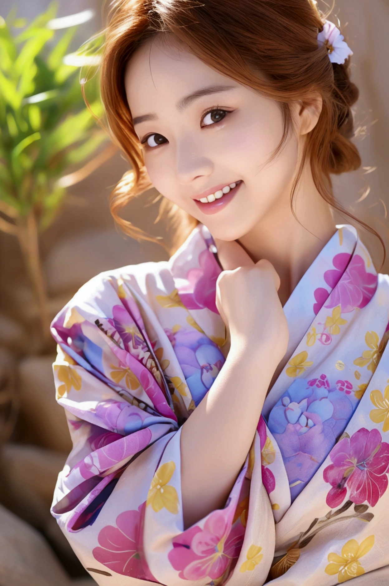 smile, Okinawa, Ryukyu, front, 最high quality、high quality、Best image quality、8k、最High resolution、High resolution、Realistic photos, Healthy body, Beautiful Eyes, flowing brown hair, Colorful kimono, Calm expression, Soft lighting, Traditional Japanese art style, Vibrant colors, Peaceful atmosphere, Delicate features, Graceful posture, Beautiful Landscape, 1