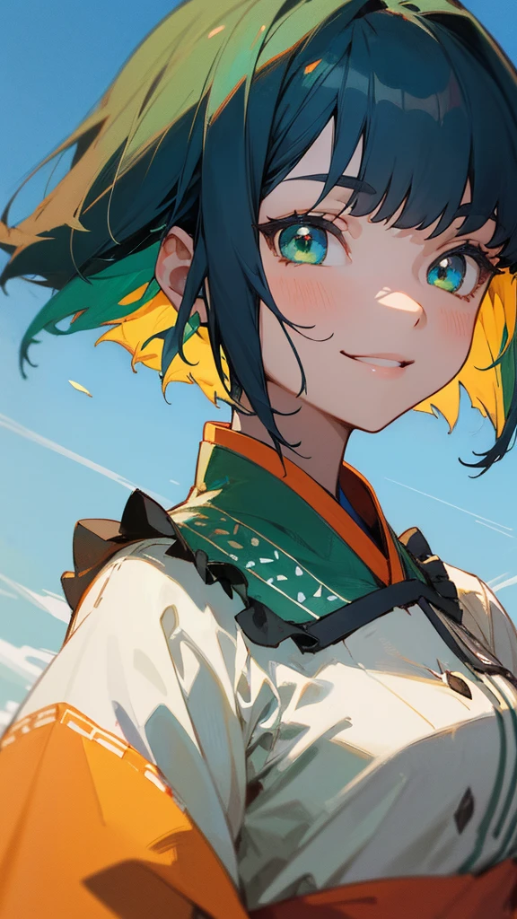 Portrait of one person、 girl、Ethnic patterned frilled blouse、Dark blue hair、Bob Hair、Green round eyes、Wicked Smile、Green and orange tones、anime painting、From the side、blue sky、Upper body close-up、Sharp contours