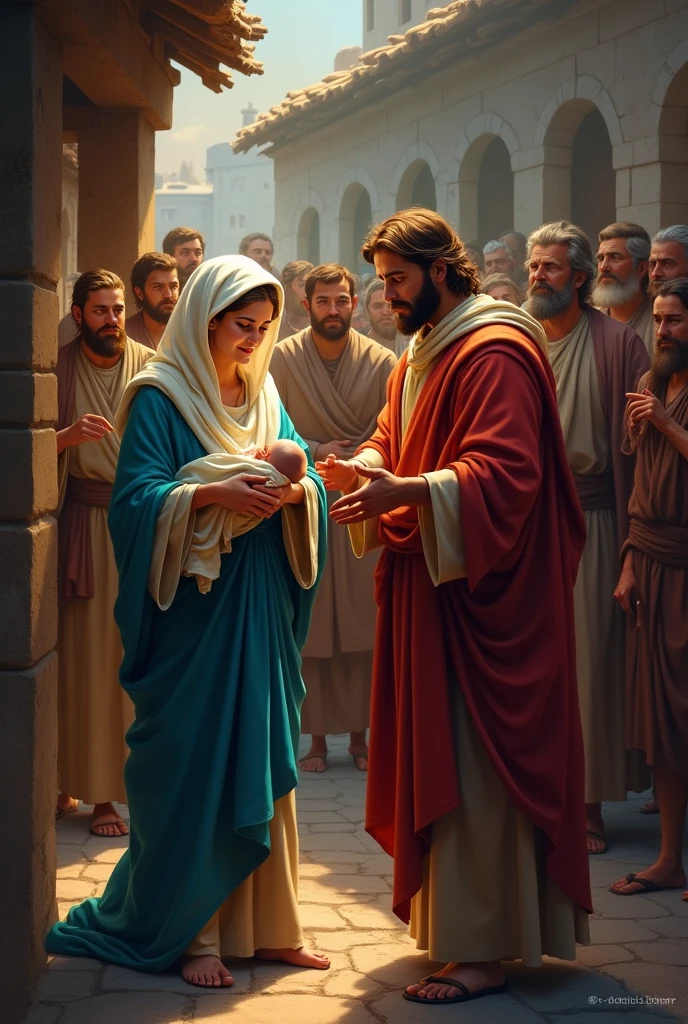 generate an image of the virgin mary and saint joseph receiving a no at the inn of bethlehem Take a print of the following image and it is best to generate colorful, high-contrast, high-resolution images.