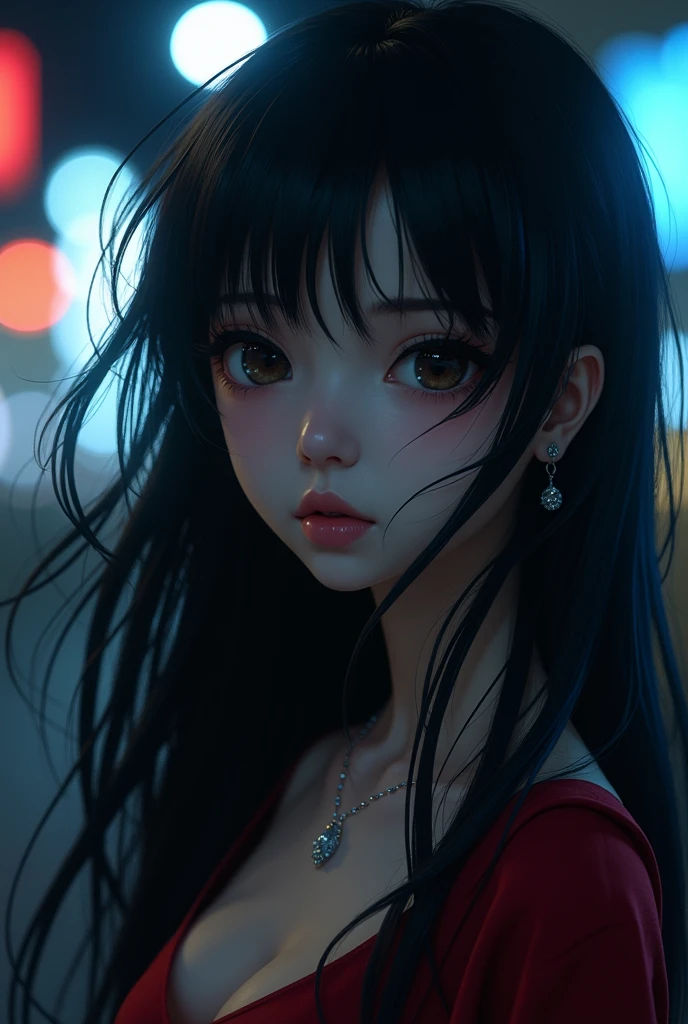 Robin one piece , night photo, photo of 24 y.o beautiful woman, pale skin, bokeh, motion blur