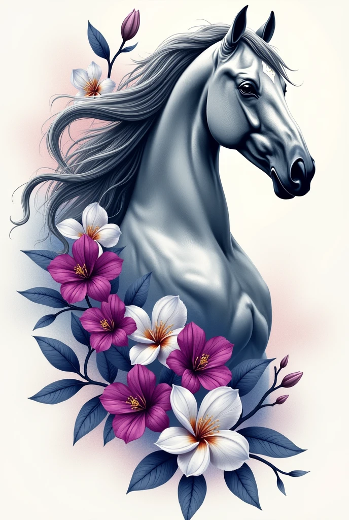 I want a unique and exclusive tattoo drawing, It is a horse with a grey or white coat that has fuchsia-blue orchid flowers around it and white gardenia flowers that merge with the Ferrari single-seater.