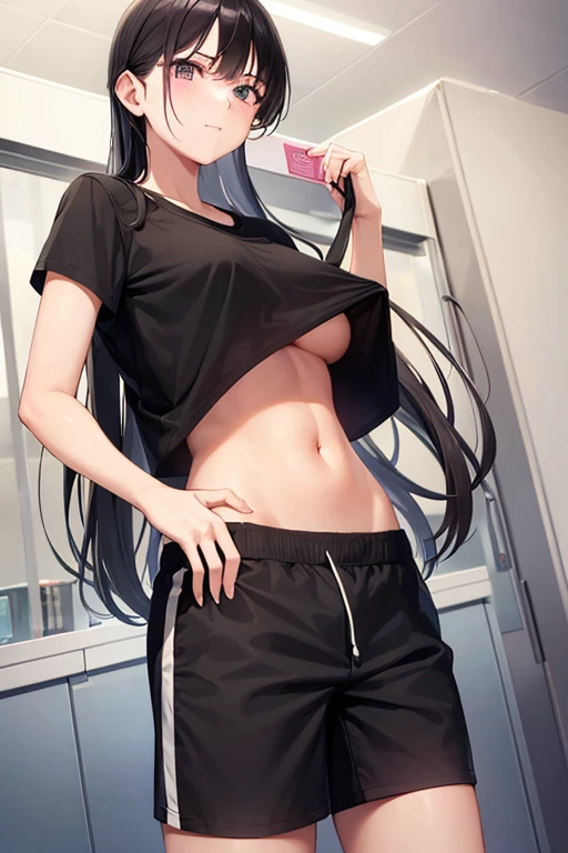 A girl in the locker rooms, Wearing black shorts, long black hair, small breast