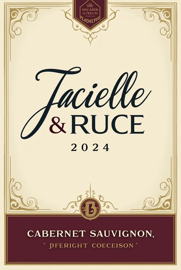 Create a classic and elegant label for Jacielle wine & Bruce 2024 in vector format, suitable for printing. Use traditional and sophisticated typography for the name "Jacielle & Bruce" my name is "2024". The design must reflect the quality and sophistication of Cabernet Sauvignon wine. Use a sober and timeless color palette, like shades of gold, burgundy and cream, to complement the color of the wine.Additional Elements: Include a delicate border or frame and a placeholder for additional winery information or tasting notes., if desired. Make sure your design is created in vector format to ensure quality and accuracy when printed..minimalism, illustration, high resolution, precise, HD Model, high qualiy, super detaill, ultra HD,