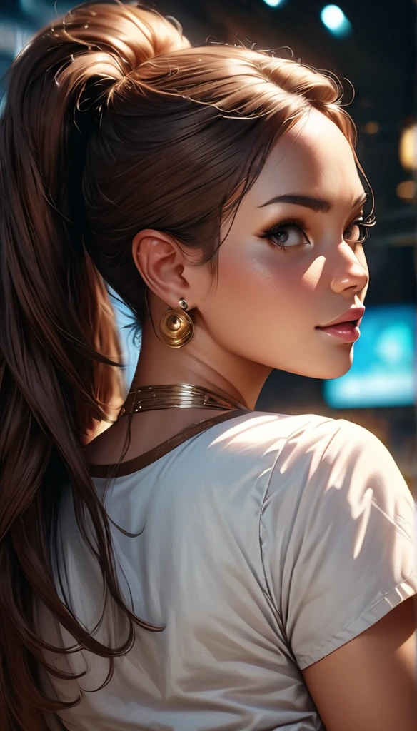 ((masterpiece, best-quality, ultra_detailed)), female elf dressed in latex booty shorts, gorgeous, attractive, african, voluptuous, ample hips, insanelydetailedaccentuatedbigbooty, ((flirty)), looking back at viewer, portrait, photography, detailed skin, Realistic, photorealistic, 8k, highly detailed, full-length frame, HIGH RAW detail color art, piercing, diffused soft lighting, shallow depth of field, sharp focus, shallow depth of field, hyperrealism, cinematic lighting