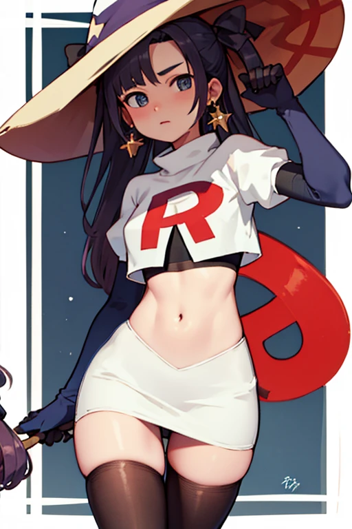 ((masterpiece,best quality)), team rocket,team rocket uniform,white skirt,red letter R,crop top,black thigh-highs,black elbow gloves, purple_hair, zettai ryouiki, aamona, long hair, twintails, star_earrings,hair ornament, hat, jewelry, star_\(symbol\), witch_hat, earrings, purple headwear, cowboy shot,