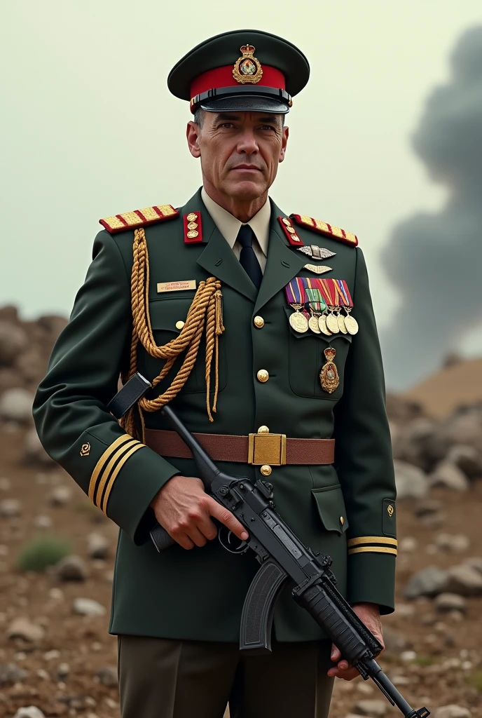 Make a image in which a army brighdaier is stand with his gun
