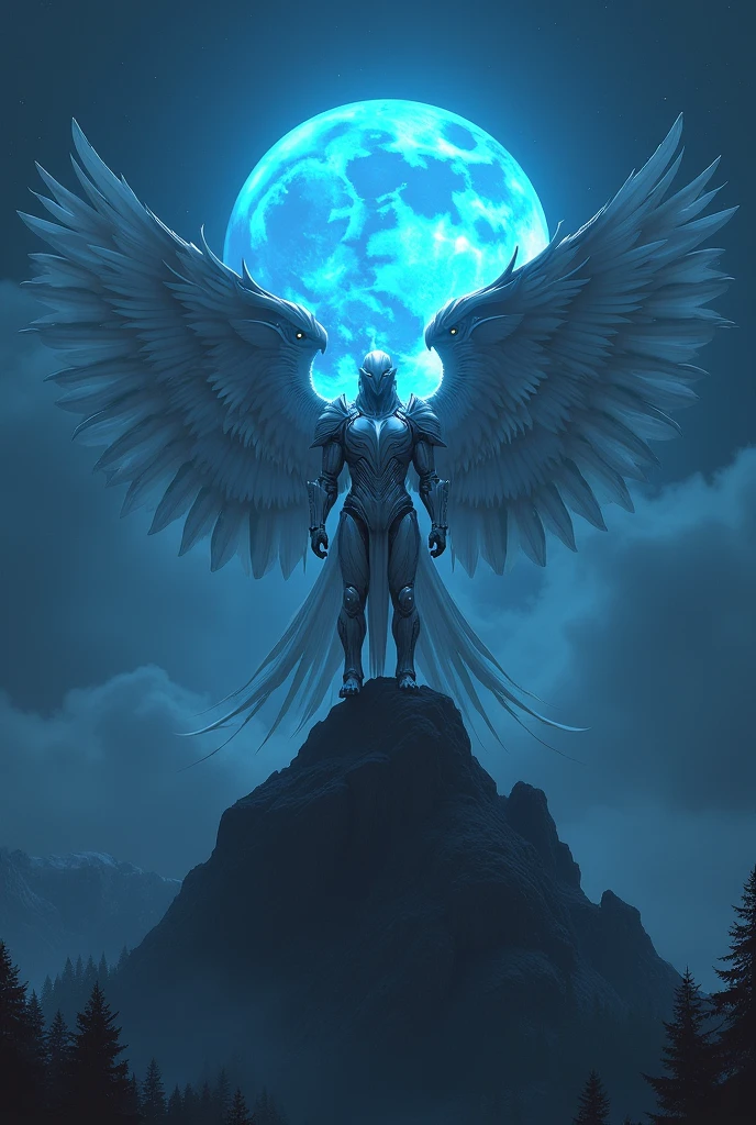 A big white colour whose wearing an iron suit and have the wings of eagle standing on the mountain in royal style and and watching the moon the moon colour is blue and the moon is big in the forest and the night is darkest black