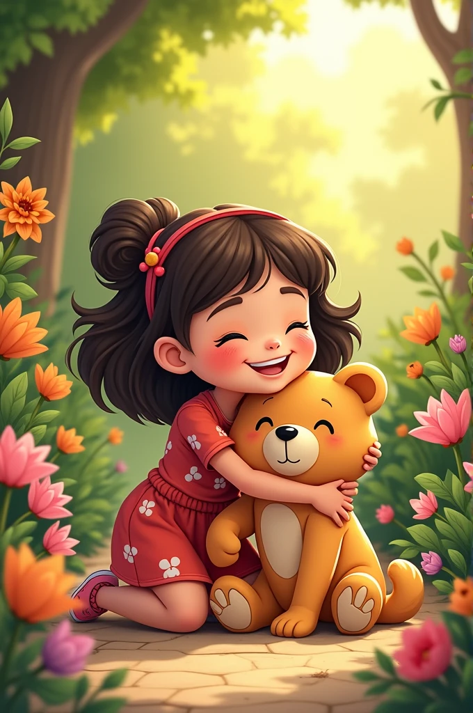 Cartoon style of years   girl Show Laila hugging her toy bear with joy while CA sits beside her, looking proud. Laila is smiling brightly, and CA is purring contentedly. The background should show the garden bathed in warm light, reflecting the happy and triumphant end to their adventure.