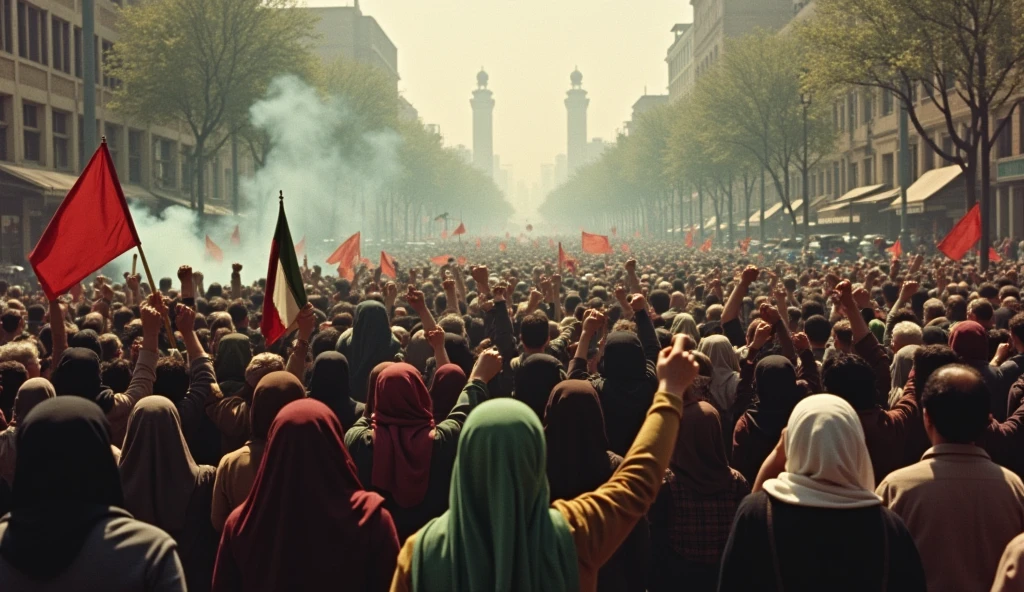 Prompt 1: An old photograph capturing a massive protest in the streets of Tehran in 1978. Thousands of Iranian people, men and women, fill the streets and are gathered at Azadi square in old tehran, raising fists and banners against the Shah's regime. The women are wearing hijabs, their expressions fierce and determined. The scene is chaotic, with police in riot gear attempting to control the crowd, and tear gas smoke lingering in the air. The image is slightly grainy, reflecting the quality of the cameras used at the time, adding to the historical authenticity , back camera angel
