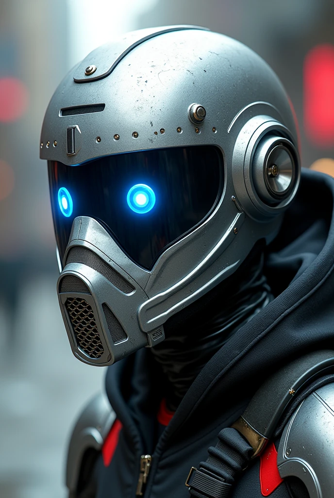 1 man, silver motorcycle helmet, snorkeling mask, portrait halfbody shoot. Silver two pipe tube from mouth to head. Future design.. high tech. Wear google safety eyes glowing blue. The tube connect from head to mouth. Future headphone design blue led light detail. Starlord helmet design concepts. Very detail . High tech costume. Marvel. T shape on the helmet. Small scratches on the helmet. The blue visor honeycomb style concept. T shape spoiler antenna on the helmet, nose and mouth covered by mask metal. Wear cyberpunk hoodie spike shape red stripe. .
