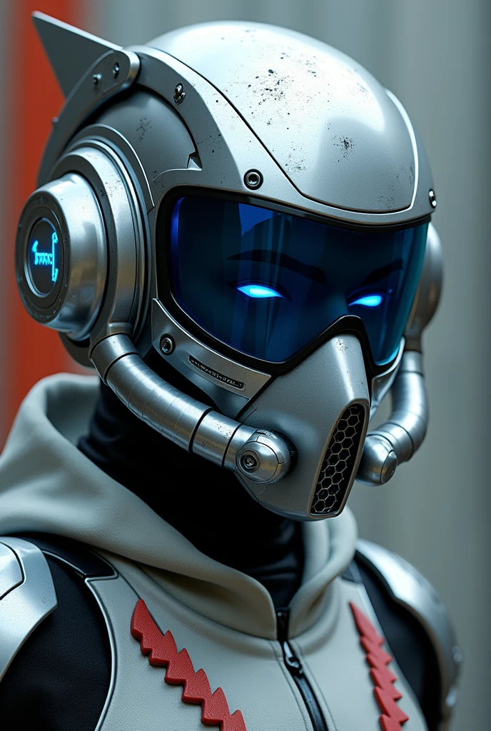 1 man, silver motorcycle helmet, snorkeling mask, portrait halfbody shoot. Silver two pipe tube from mouth to head. Future design.. high tech. Wear google safety eyes glowing blue. The tube connect from head to mouth. Future headphone design blue led light detail. Starlord helmet design concepts. Very detail . High tech costume. Marvel. T shape on the helmet. Small scratches on the helmet. The blue visor honeycomb style concept. T shape spoiler antenna on the helmet, nose and mouth covered by mask metal. Wear cyberpunk hoodie spike shape red stripe. .