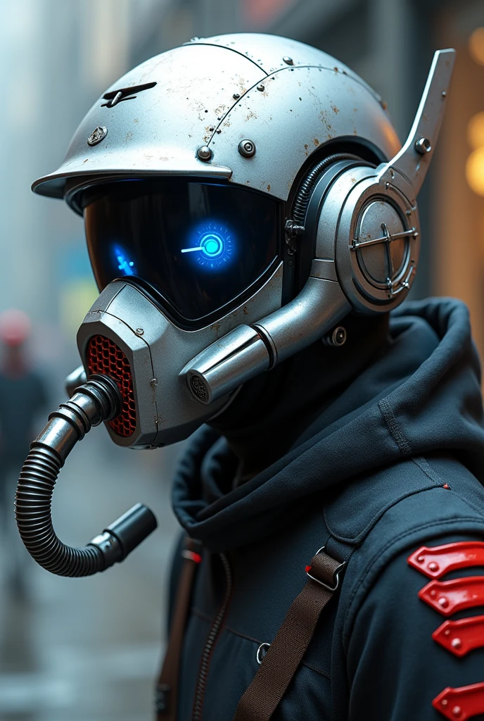 1 man, silver motorcycle helmet, snorkeling mask, portrait halfbody shoot. Silver two pipe tube from mouth to head. Future design.. high tech. Wear google safety eyes glowing blue. The tube connect from head to mouth. Future headphone design blue led light detail. Starlord helmet design concepts. Very detail . High tech costume. Marvel. T shape on the helmet. Small scratches on the helmet. The blue visor honeycomb style concept. T shape spoiler antenna on the helmet, nose and mouth covered by mask metal. Wear cyberpunk hoodie spike shape red stripe. .
